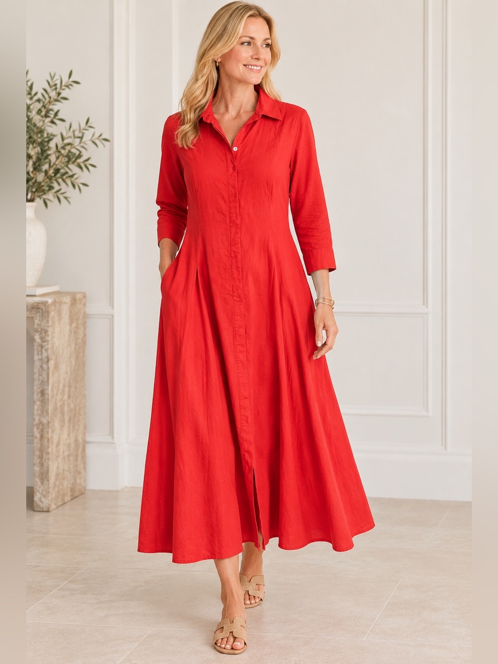 Joie Button-Front Collared Red Linen Blend A-Line Midi/Maxi Dress